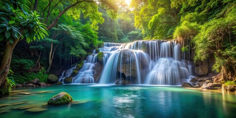 Sticker - Serene jungle waterfall with water flowing gracefully , nature, landscape, waterfall, green, mountains, lake, serene, peaceful