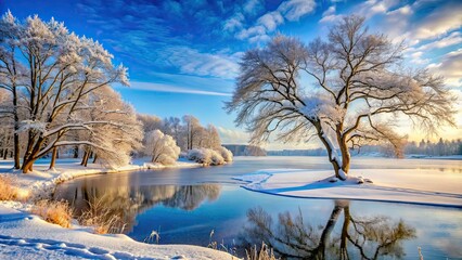 Wall Mural - Snow-covered landscape with bare trees and a frozen lake, winter, cold, frosty, icy, snowy, trees, nature, scenic, tranquil, serene