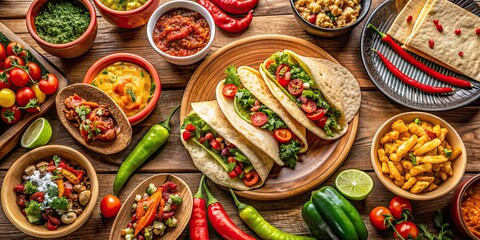 Poster - Various Mexican dishes including tacos, burritos, quesadillas, chili, fajitas, and tortillas on a festive table setting, Mexican