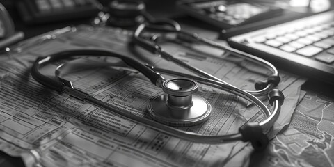 Aufkleber - A stethoscope placed on top of a newspaper, accompanied by a laptop, in a compact workspace