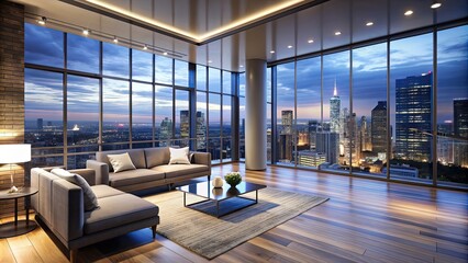 Sticker - Sleek high-rise apartment interior with floor-to-ceiling windows offering a stunning view of the nighttime cityscape