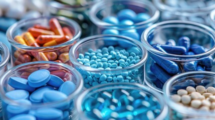 Canvas Print - Blue pills and various colored medication capsules in glass and plastic containers