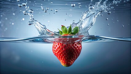 Poster - Strawberry dropping into clear water , strawberry, fruit, splash, water, red, freshness, dripping, immersion, healthy, organic