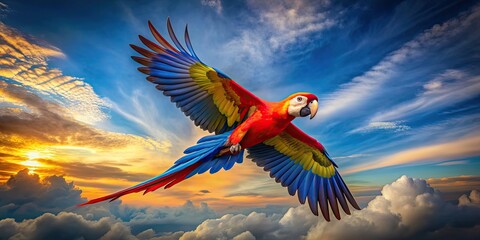 Canvas Print - Vibrant parrot soaring majestically through the sky, parrot, wings, flight, colorful, feathers, bird, majestic, vibrant, sky