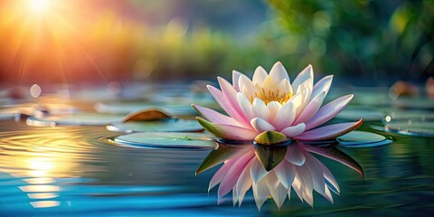 Wall Mural - Water lily flower floating on the surface of tranquil water, water lily, nature, pond, aquatic plant, beauty, serene