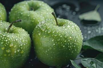 Poster - A close-up of fresh green apples with water droplets glistening on their surface