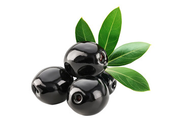 black olives with leaves isolated on transparent background