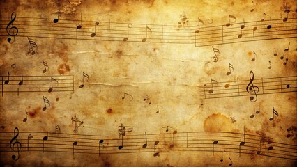 Poster - Vintage background with aged paper and scattered music notes, music, old, nostalgia, retro, antique, sheet music