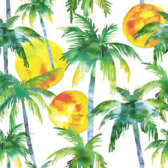 Jungle summer Abstract watercolor tropical palm tree sun seamless pattern.  