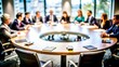© N7 - Business Roundtable Blur: A business roundtable setup with executives and round table discussion, softly blurred to emphasize strategic planning and collaborative decision-making.