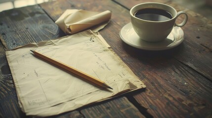 Sticker - Vintage image of black coffee on a wooden table with pencil and paper edited with noise effect