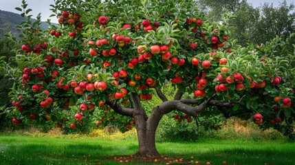 Poster - A tree laden with bright red apples in a lush green field, perfect for agricultural or nature-themed uses