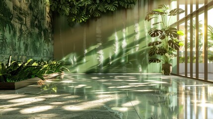 Wall Mural - An office lobby with a focus on light play, featuring a green wall with plants that cast interesting shadows and a floor with a translucent, frosted glass finish