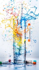 Poster - Hydrometer Submerged in Bubbling Liquid Surrounded by Vibrant Crayon Drawings of Chemical Reactions