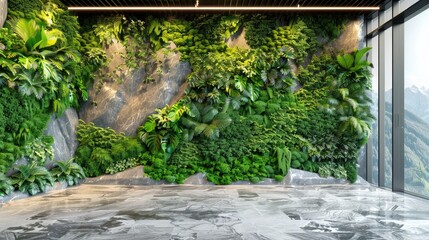 Wall Mural - An office lobby with a green wall that includes a variety of alpine plants, creating a mountainous landscape, and a floor with a rugged, stone effect