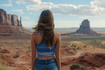 Poster - A woman stands alone in the middle of the desert, gazing out at the vast expanse of sand and rock