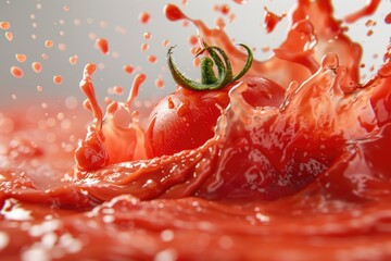 Poster - Close-up shot of a tomato getting splashed with water, highlighting juicy texture and vibrant color