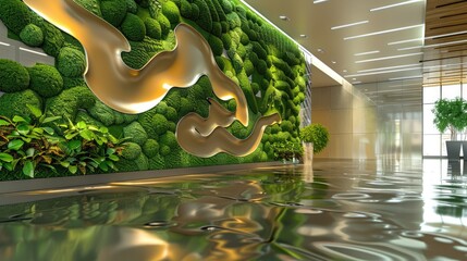 Wall Mural - An office lobby with a green wall featuring a live topiary display of abstract shapes, and a floor with a reflective, metallic finish