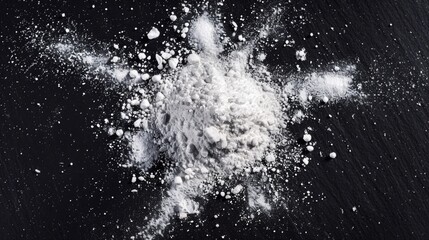 Poster - A photo of a pile of white powder on a black surface, useful for illustrating concepts related to chemistry or materials science