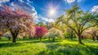 © Man888 - Vibrant blooming glade with lush green trees stands against a brilliant blue sky on a warm and sunny spring morning.