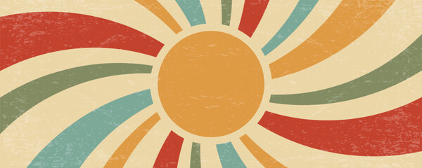 Sticker - Retro sun background. Summer vector poster. Abstract vintage radial rays. 70s groovy design with grunge texture. Old style color wallpaper. Festive modern banner