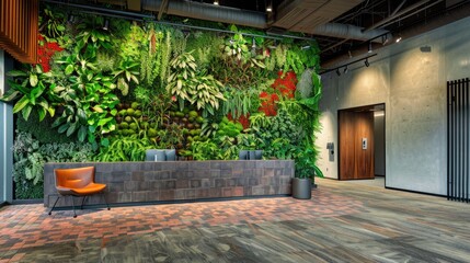 Wall Mural - An office lobby with a green wall that includes a variety of spice plants, creating an aromatic experience, and a floor with a rustic, brick finish