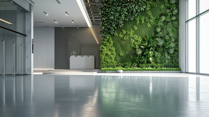 Wall Mural - An office lobby with a minimalist design, featuring a green wall with a monochrome plant palette and a floor with a glossy, white epoxy finish