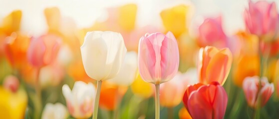 Crisp photo of a vibrant field of tulips, representing happiness and renewal, Happiness, Tulip field