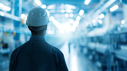 Poster - In an advanced logistics facility, the silhouette of a manager overlooks automated machinery, highlighting the role of technology in optimizing operations. The image provides generous copyspace for
