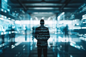 Poster - The silhouette of a manager is highlighted by a futuristic warehouse setting with automated machinery and digital interfaces, emphasizing technological advancements. The image provides ample