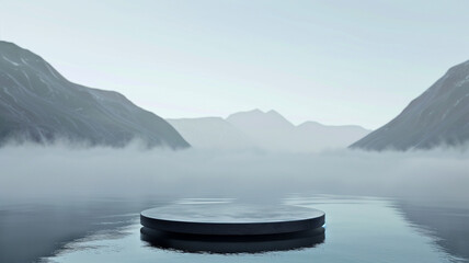 Naklejka na meble Minimalist Platform on Tranquil Lake with Mountain Background
