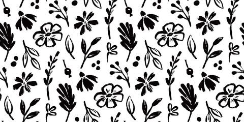Poster - Flower brush seamless pattern. Floral abstract hand drawn brush paint background. Sketch hand drawn leaf floral paint seamless pattern. Black simple texture flower background. Vector illustration