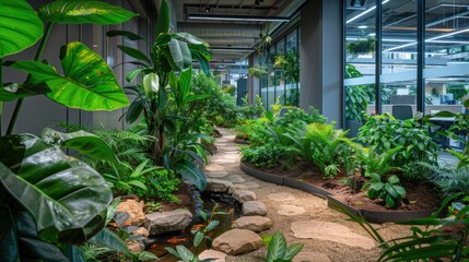 Wall Mural - An officea??s indoor biophilic design space with a variety of plant species, natural stone paths, and a small stream