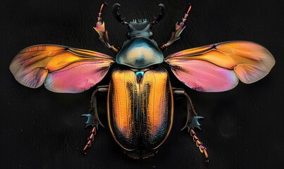 Close-up of a colorful beetle with iridescent wings on a black background.