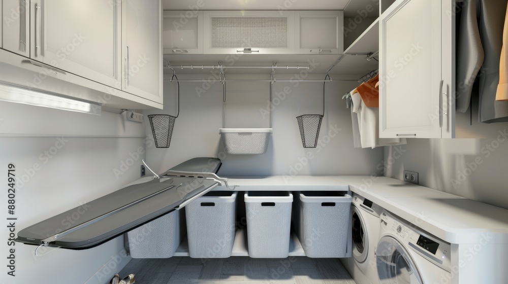 A compact laundry room ingeniously designed with pull-out hampers, a ...