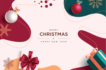 Christmas greeting vector background design. Merry christmas and happy new year text with gift box, xmas balls and snowflakes decoration elements in abstract pattern background. Vector illustration 