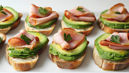 Poster - A plate with sandwiches of ham, avocado, and cucumber. Keywords food, ingredients, recipe, cuisine