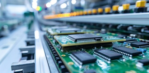 Poster - Close-up of circuits and microchips on a circuit board inside an electronics factory