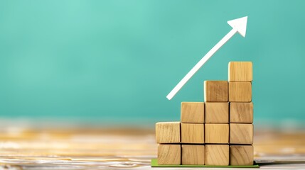 Poster - Wooden Blocks with Upward Arrow on Blue Background.