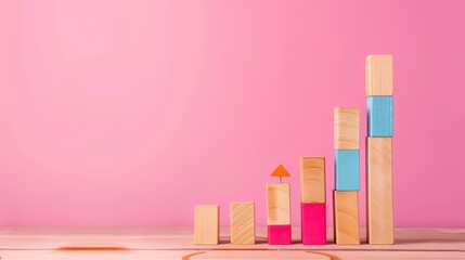 Poster - Wooden Blocks Increasing in Height,  Arrow on Top, Pink Background