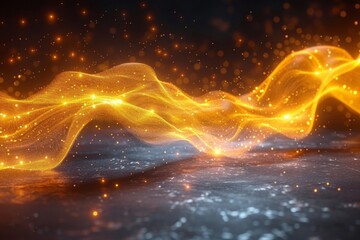Poster - vibrant yellow wave of light cascades across a dark black backdrop, illuminating the space with a striking burst of energy.