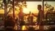 © Sirichat. Camphol - Two bartenders enjoying a glass of Cheers wine at a wine tasting in a restaurant at sunset. Bartender. Tasting. Dinner. Wine. Drinks.