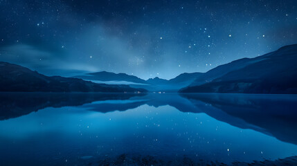 Wall Mural - serene lake under starlit night sky, reflecting distant mountains and capturing the calm beauty of n