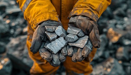 Miners examining platinum, silver, or rare earth minerals found in a mine.