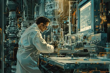 Poster - Scientist in a lab coat conducting experiments with a microscope and test tubes in a high-tech laboratory. AIG58