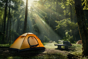 Wall Mural - a picturesque camping spot amidst the forest a beautiful tent pitched generative ai