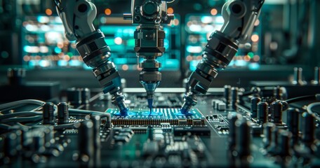 Poster - Robotic arms assembling a microchip in a high-tech manufacturing facility