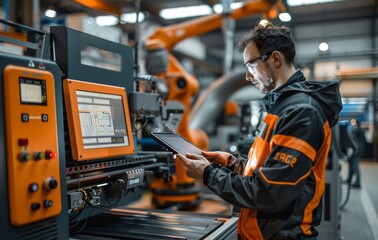 Poster - Engineer operating advanced manufacturing equipment in a modern industrial facility