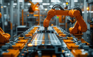 Poster - Robotic arms working on an automated assembly line in a high-tech manufacturing facility.