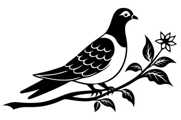 Dove leaning on a branch in tree with a flower in its beak vector art illustration